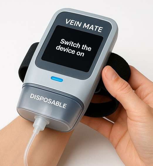 Step 1 — the clinician straps VeinMate Assist over the site and powers it on