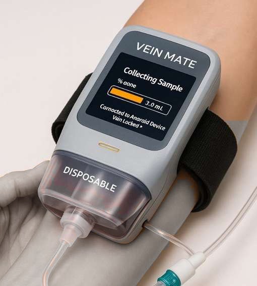 Step 4 — a sealed single-use cartridge collects the sample or connects the IV line
